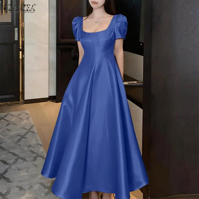 Square Neck Satin Puff Sleeve Maxi Dress