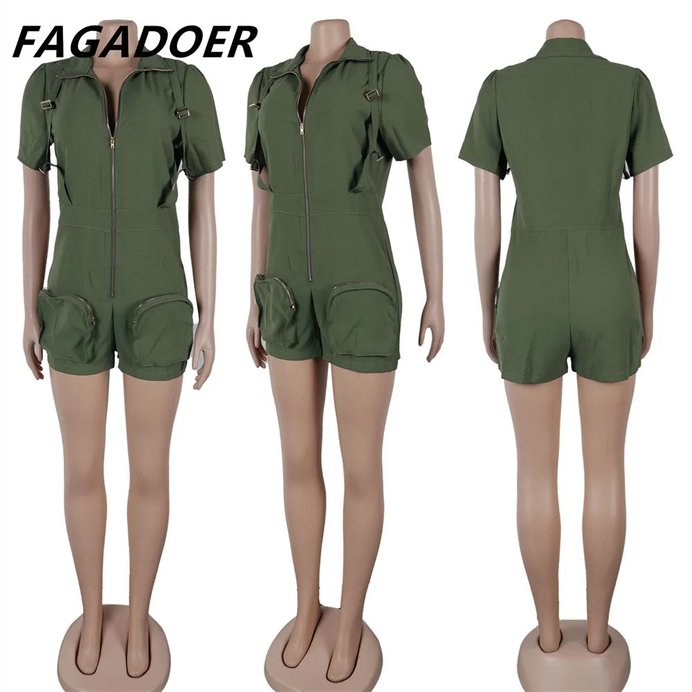 Solid Color Pocket Cargo Short Sleeve V Neck Romper for Women