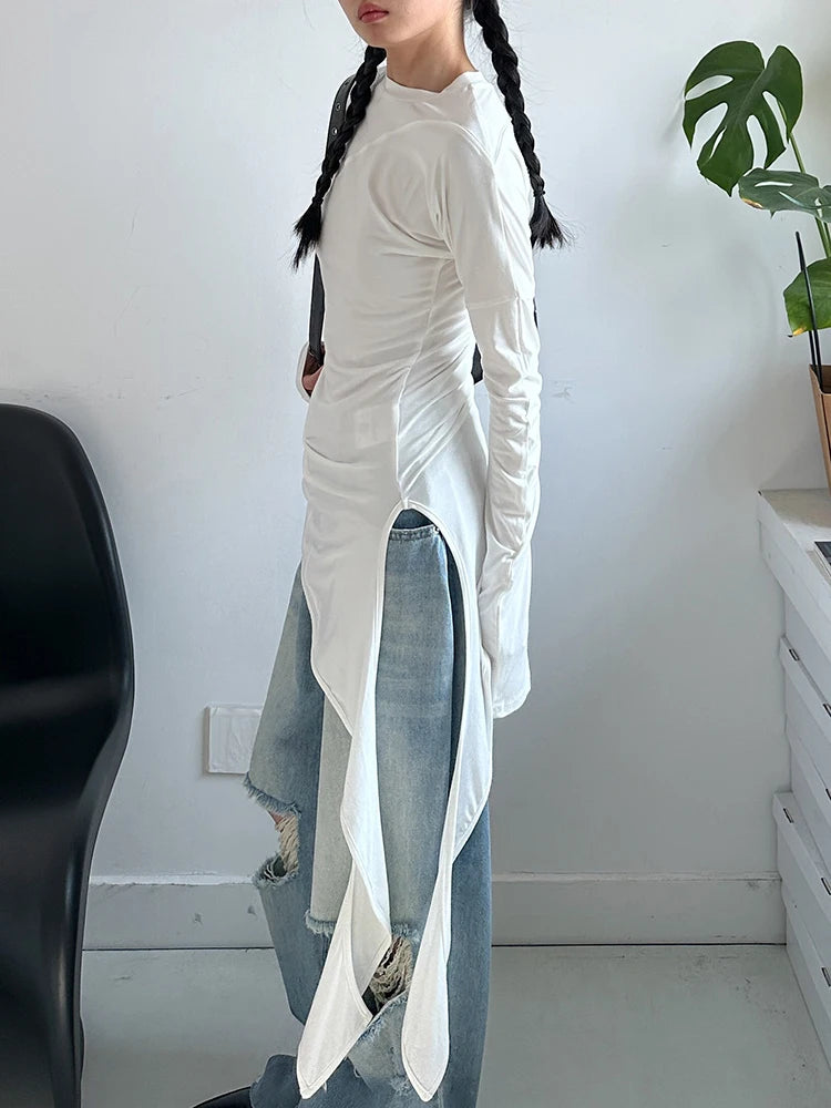 [EAM] Women White Irregular Hem Elegant Long Slim T-shirt New Round Neck Long Sleeve Fashion Tide Spring Autumn 2025 1DJ0097