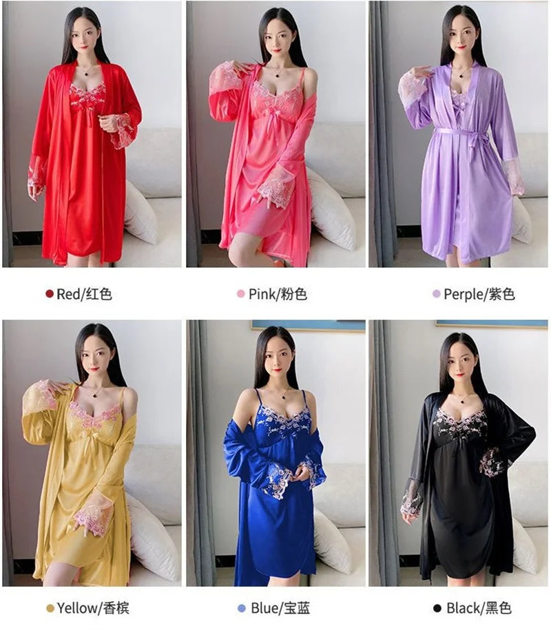 Comfortable Relaxed Fit Lace Up Two Piece Robe Set For Women