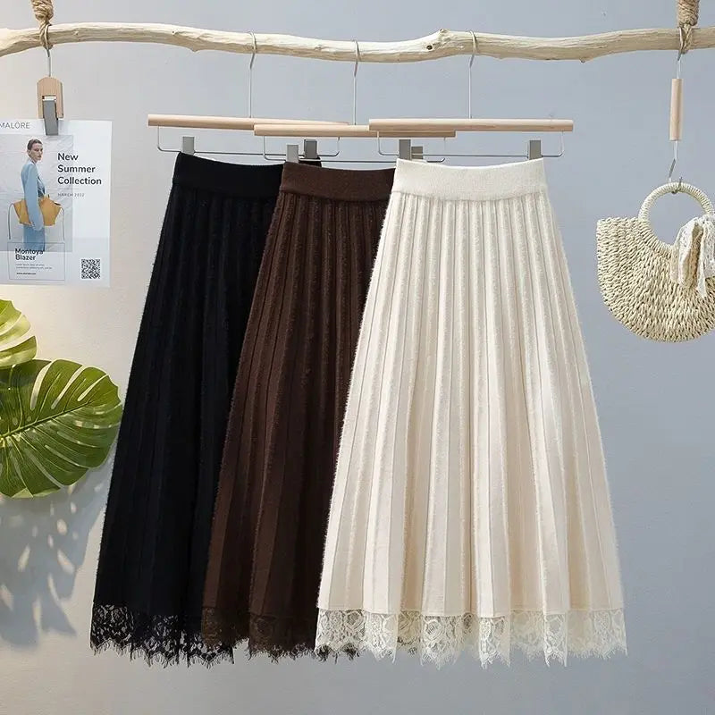 High Waist Knitted Pleated Midi Skirt With Lace Details for Women