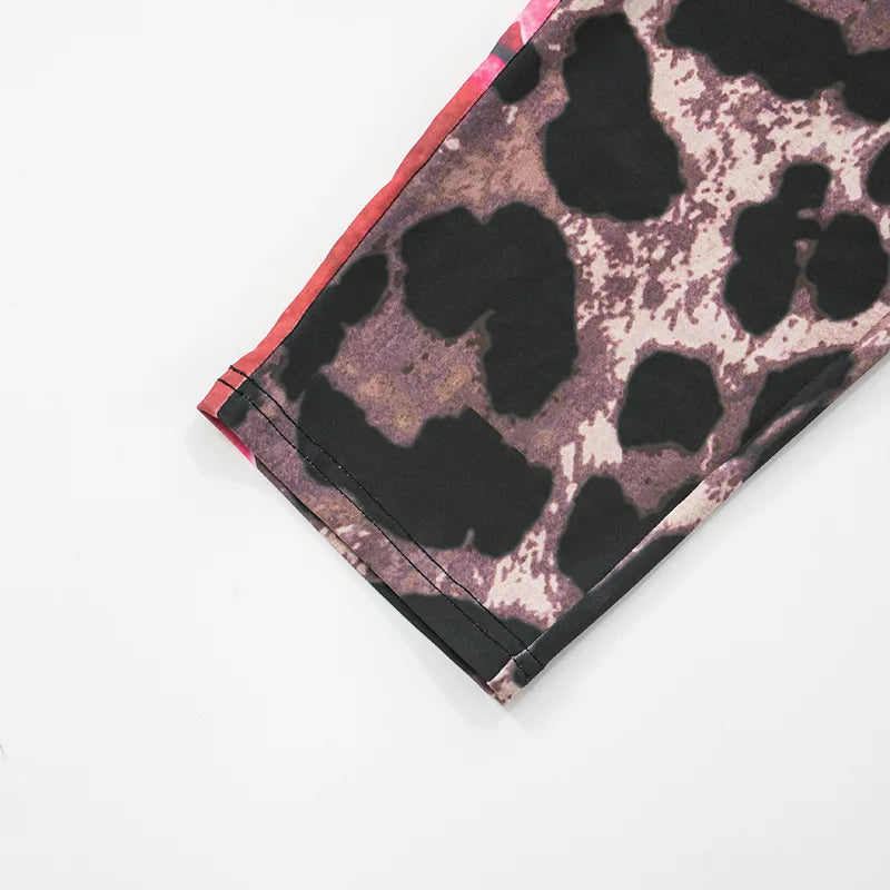 FAGADOER Sexy Leopard Floral Print Two Piece Outfits Woman Skew Collar Bandage Tank Tops + Skinny Pants Matching Streetwear New