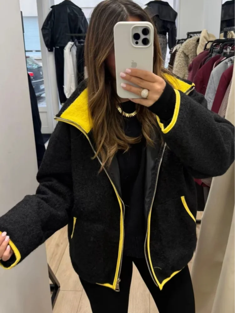 Fuzz Yellow Contrast Long Sleeve With Zipper Coat for Women