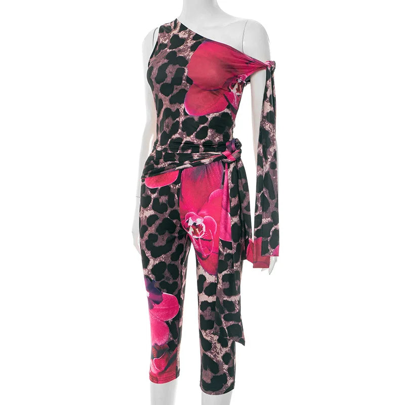 FAGADOER Sexy Leopard Floral Print Two Piece Outfits Woman Skew Collar Bandage Tank Tops + Skinny Pants Matching Streetwear New
