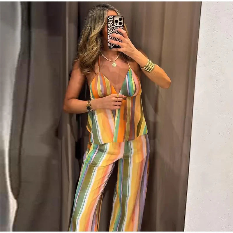 Cotton Striped High Waist Two Piece Summer Set For Women