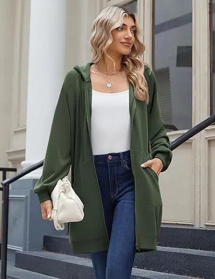 Solid Color Long Sleeve Zippered Hoodies For Women