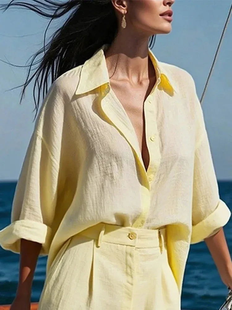 Beautyblue Fashion Women's Shirt Lapel Blouses Elegant Simple Button Cotton Linen Casual Basic Vintage Yellow Tops for Female