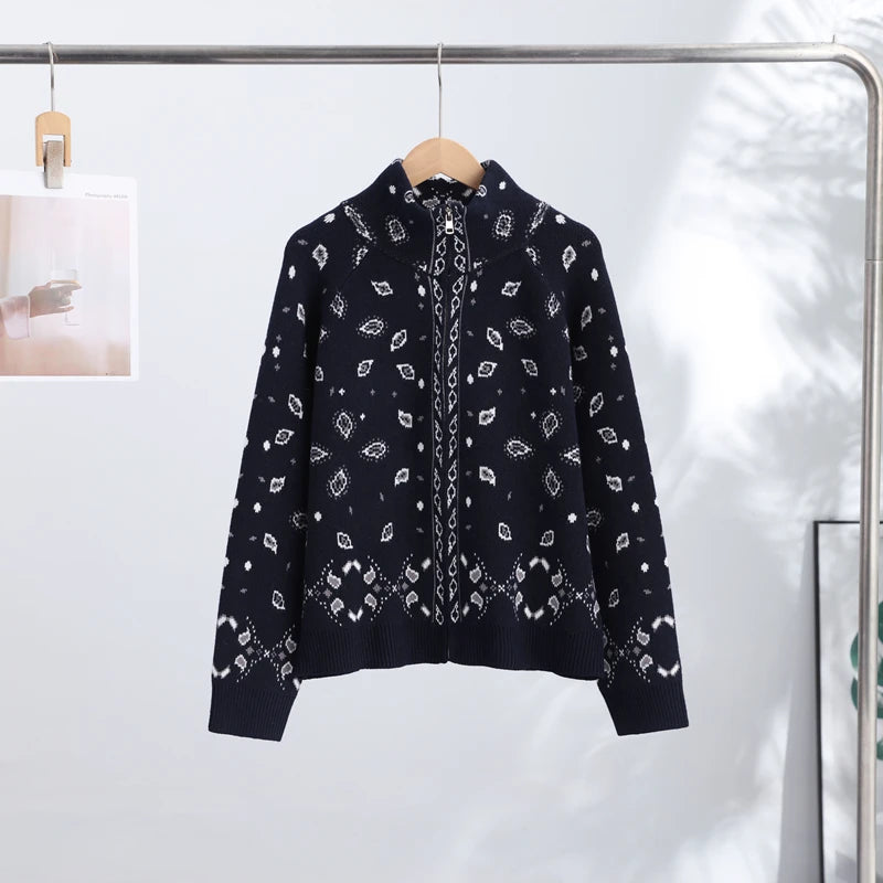Vintage Printed Knit Stand Collar Zip Cardigan for Women