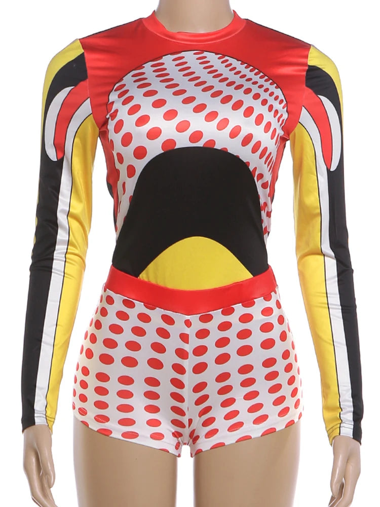 Colorful Patchwork Print O Neck Tee and Polka Dot Shorts Two Piece Set for Women