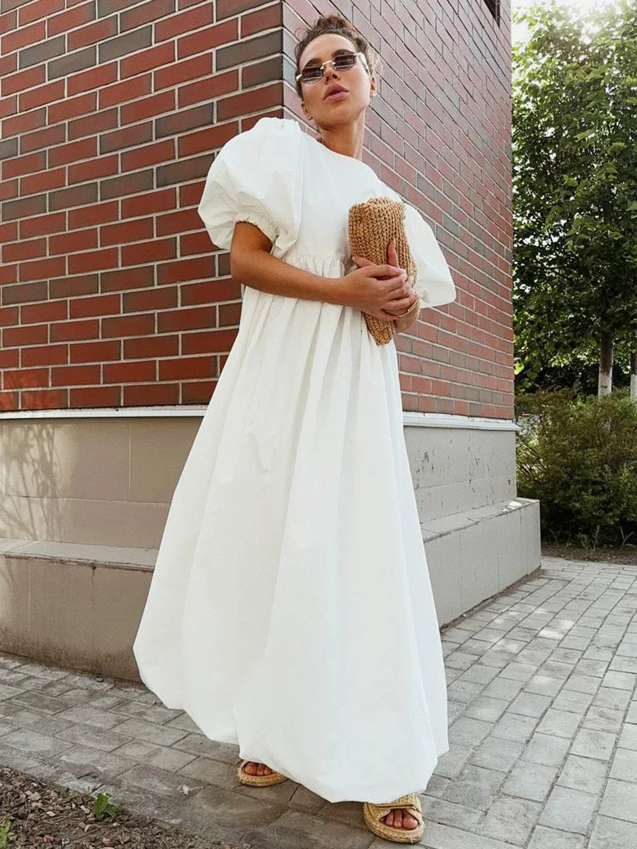 Oversized Cotton Bubble Sleeve Long Dress for Women