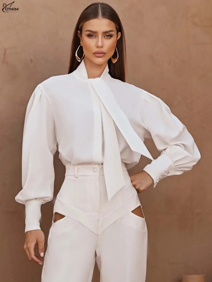 Oymimi Fashion White Lace-Up Neck Women's Shirt Casual Long Sleeve Single Breasted Blouses Elegant New Solid Loose Blouses 2025