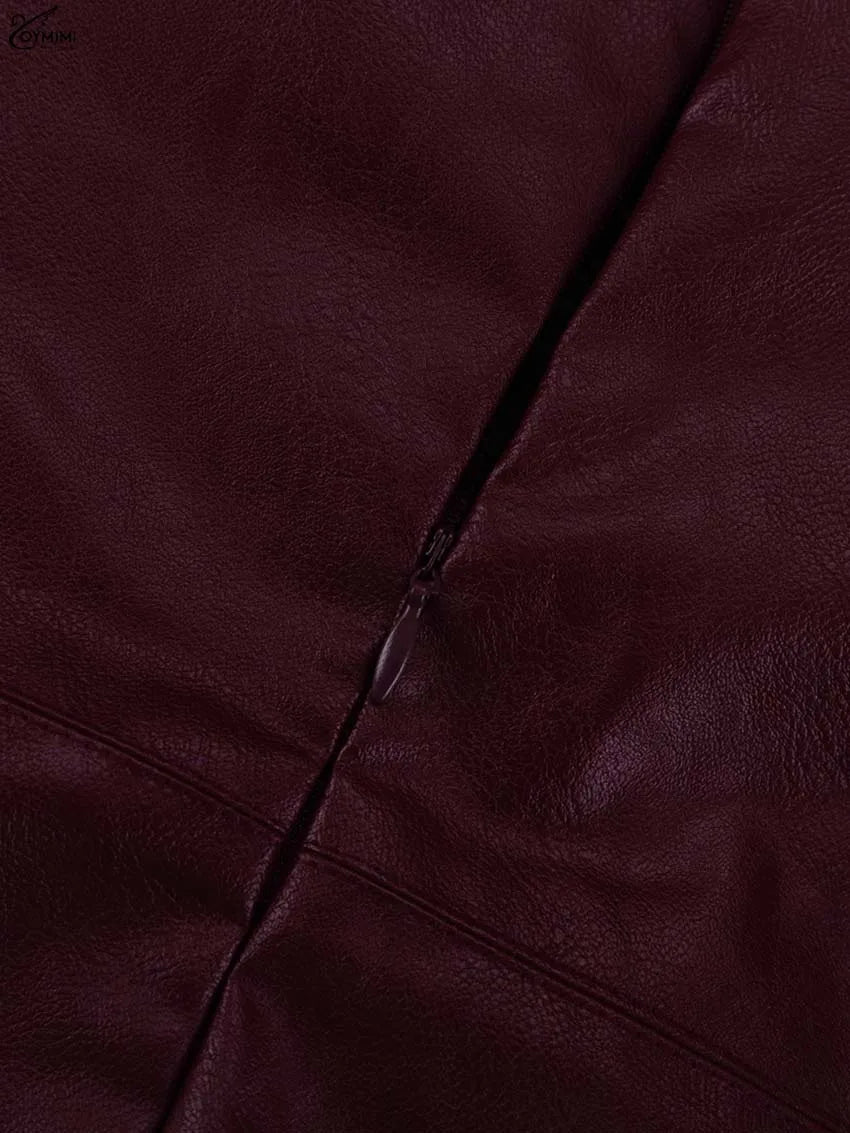 Oymimi Fashion Wine Red Pu Leather Women's Two Pieces Set Elegant Long Sleeve Button Shirts And Spaghetti Strap Mini Dress Sets