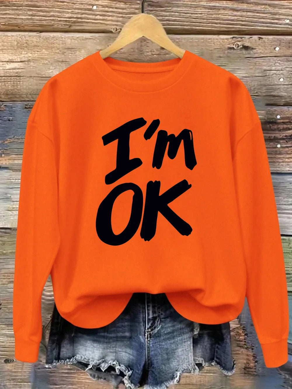 I'M Okay Letter Printed Sweatshirts Womens Autumn Winter Casual Hoodie Fleece Warm Crewneck Pullovers Street Loose Woman Clothes