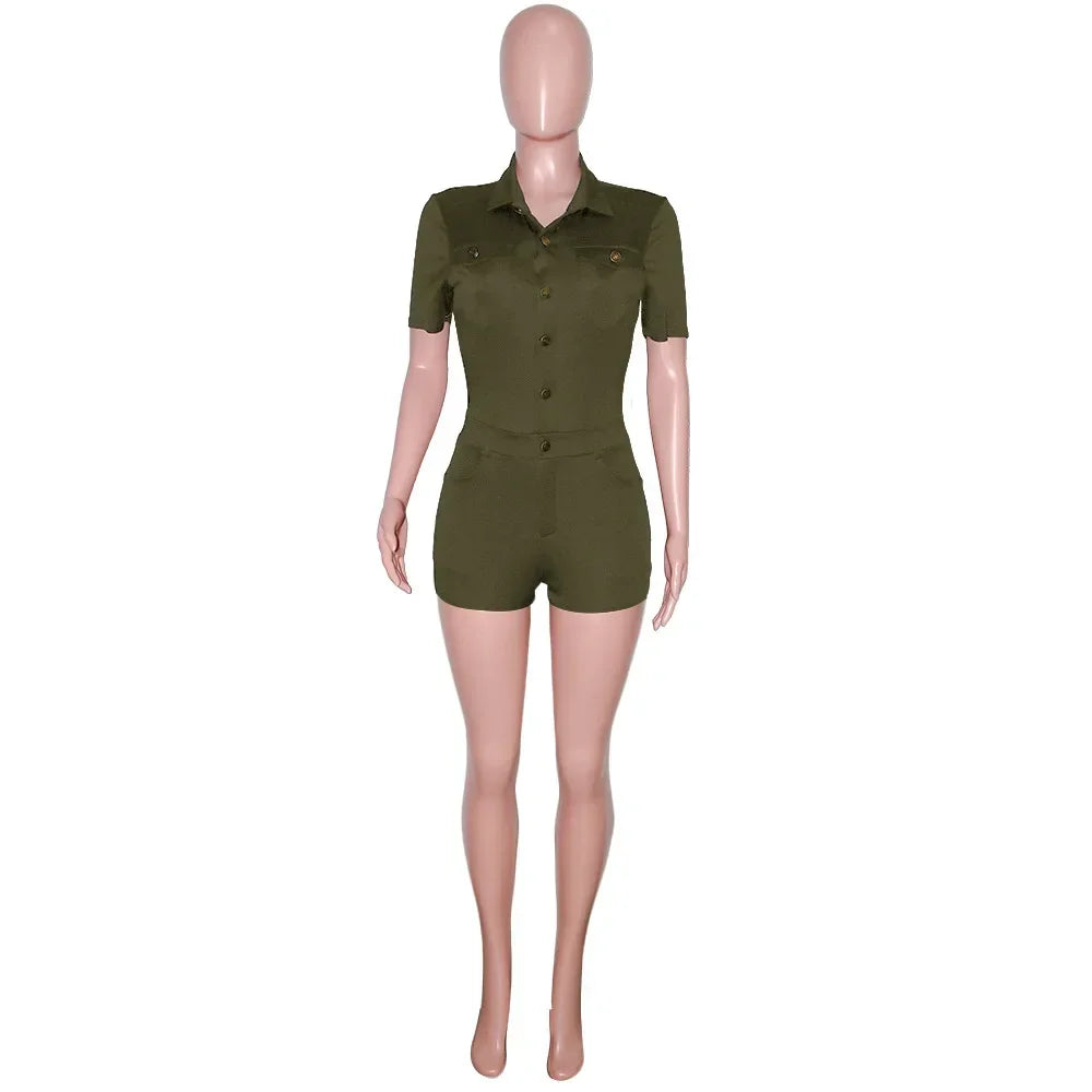 Summer V Neck Mesh Cargo Short Jumpsuit for Women
