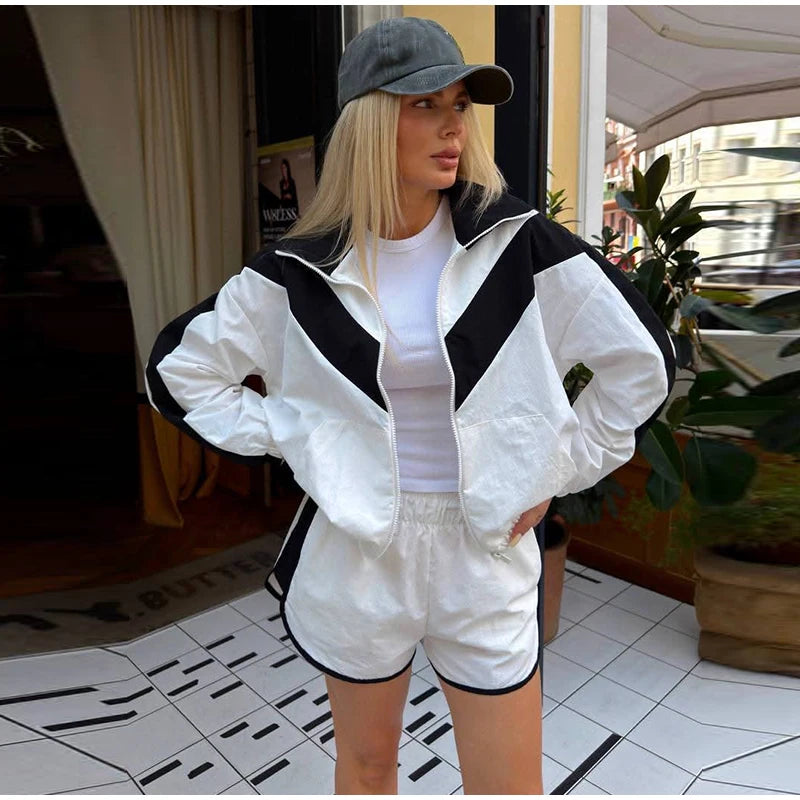 Color Block Zip Up Tracksuit With High Waist Shorts For Women