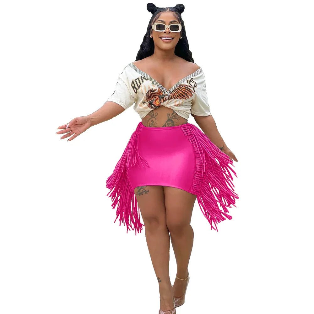 FAGADOER Sexy Tassel Bodycon Mini Skirts Party Club Outfits Women Fashion Chic Streetwear Short Birthday Holidays Skirt Solid