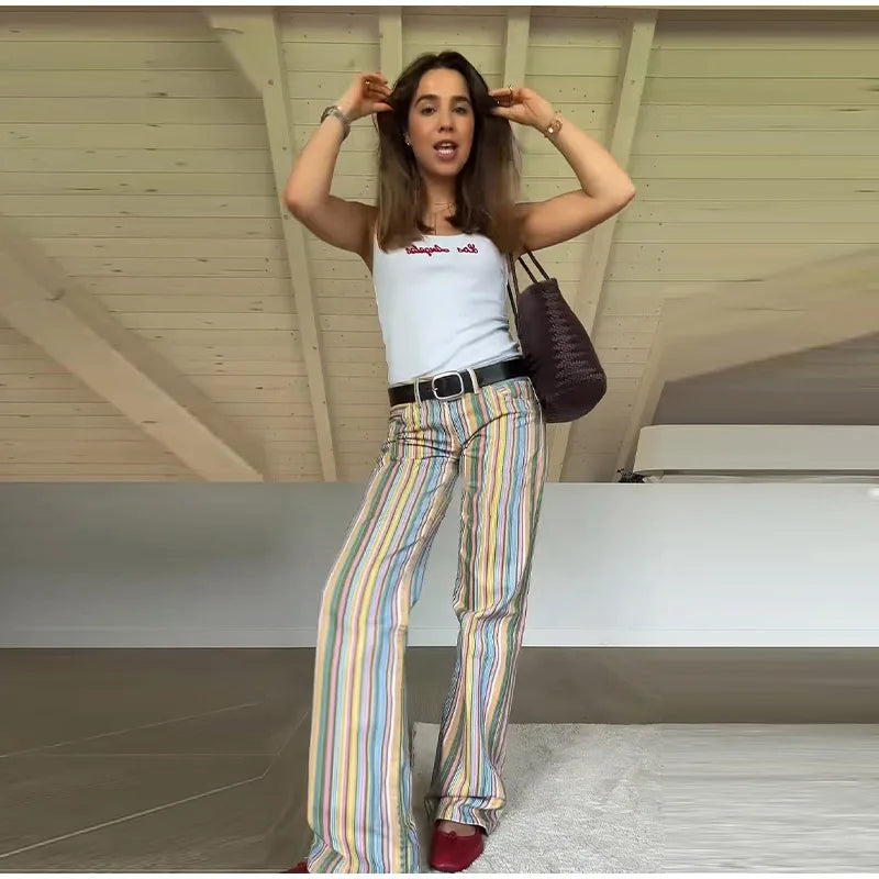 Color Block Rainbow Stripe Wide Leg Jeans for Women