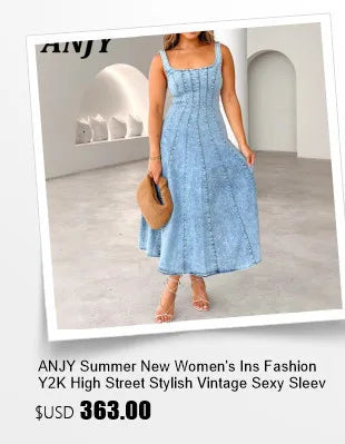 ANJY Summer New Women's Tide High Street Y2K Chic Trendy Sleeveless Halter Neck Backless Waist Cinching Zipper Denim Dress A8053
