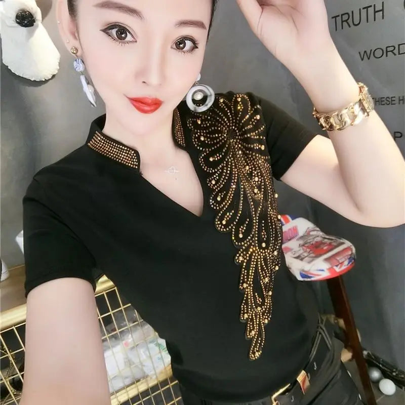 Sequin Women Tops Sleeve Polo Shirt Rhinestone Pulovers Vintage Glitter Luxury Women's Blouses Promotion Free Delivery Neck Cute