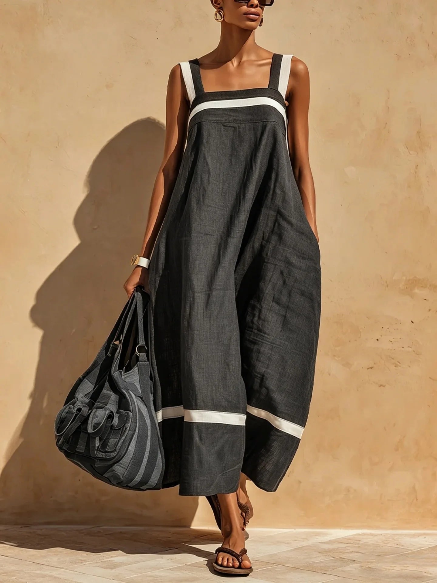 Contrasting Color Stripe Square Neck Spaghetti Strap Pocket Dress for Women
