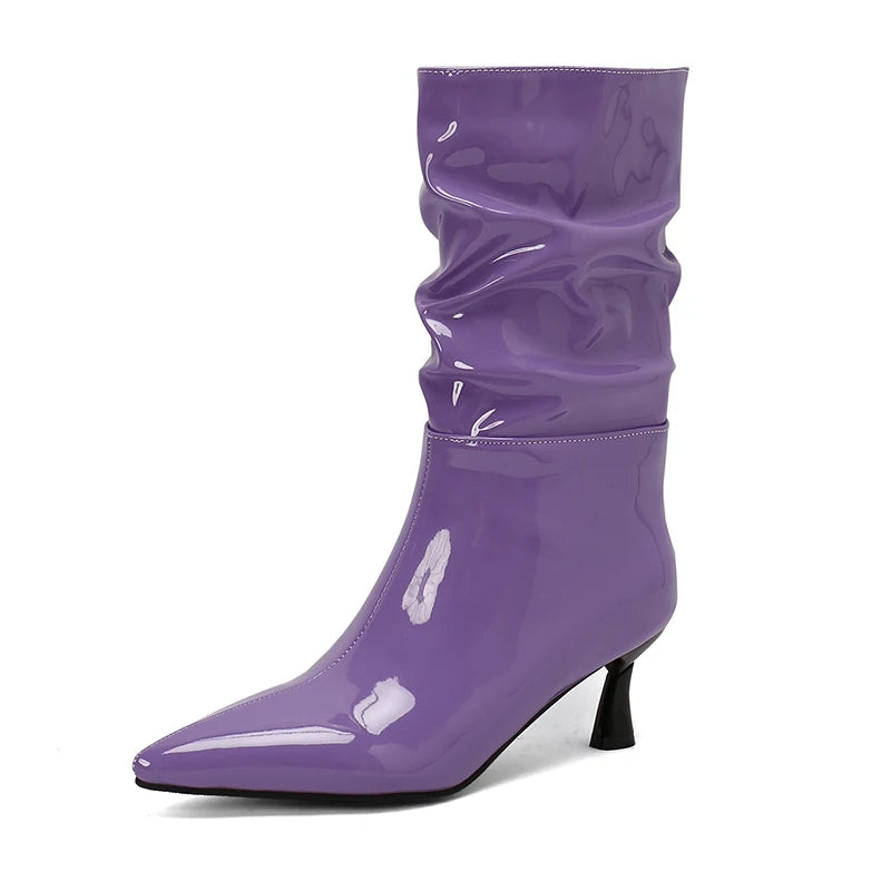 Patent Leather Pointed Toe Mid Calf Slouch Boots for Women