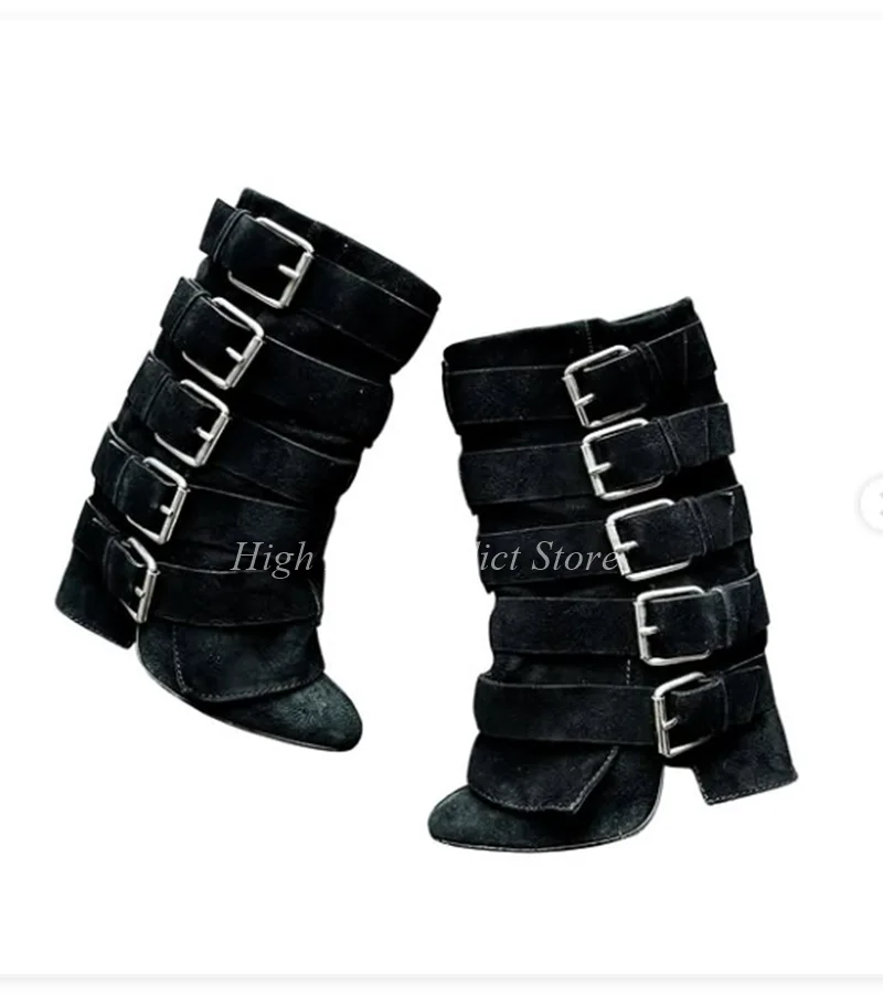 Black Suede Buckle Mid Calf Boots