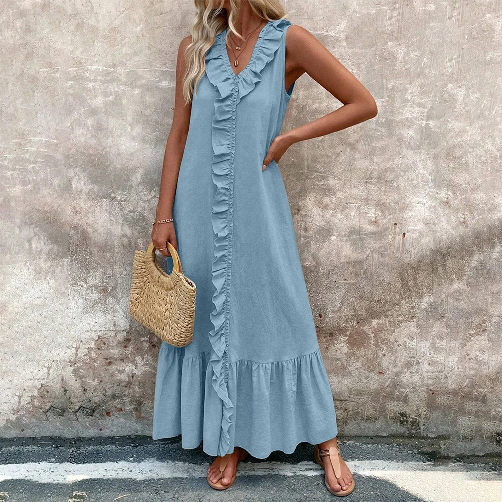 Women's Solid Sleeveless V-Neck Ruffle A-Line Maxi Dress Summer Ladies Casual Loose Beach Holiday Vacation Sundress Size S-2XL