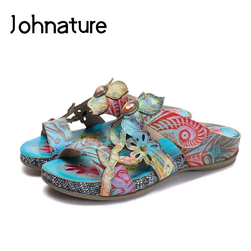 Hand Painted Genuine Leather Outdoor Summer Slides for Women