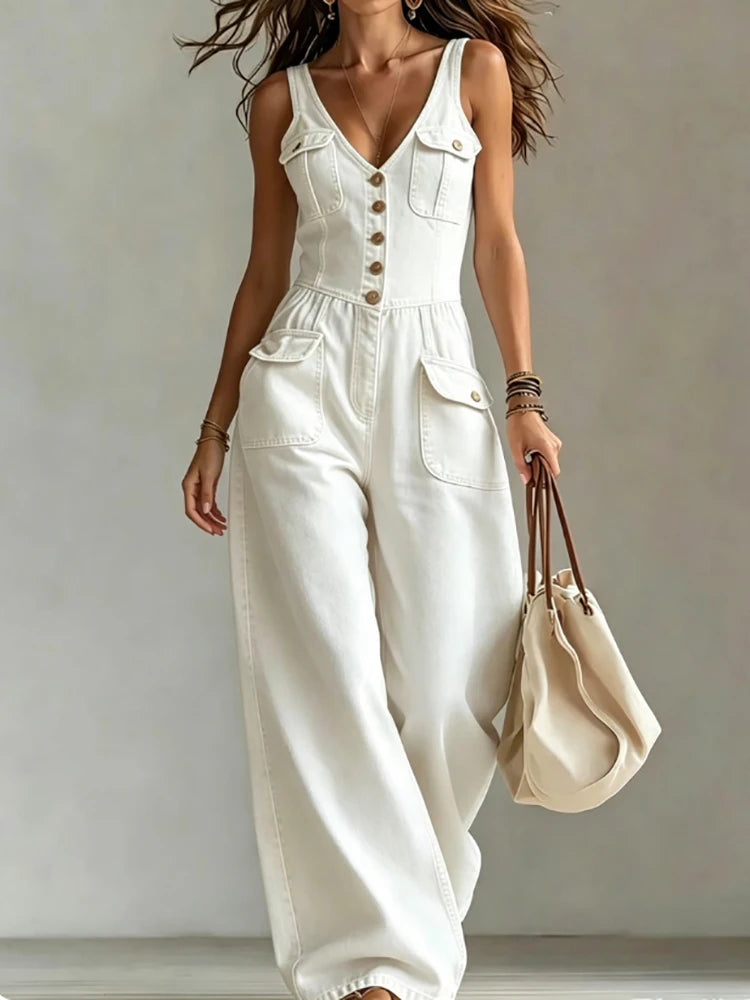 Retro V Neck High Waist Wide Leg Jumpsuit for Women