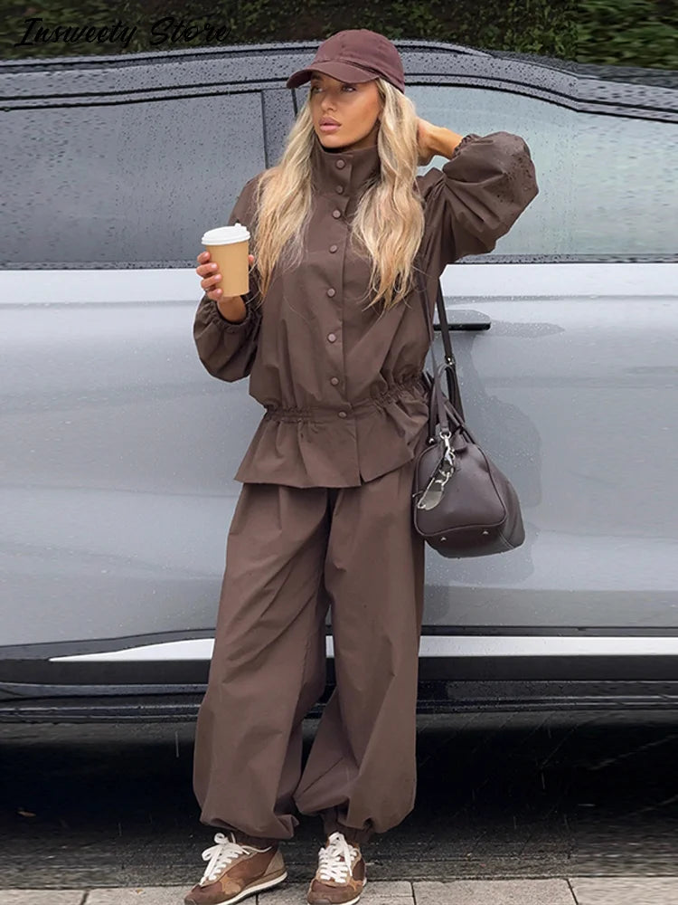 Ruffle Hem Jacket and Jogger Pants Two Piece Set for Women