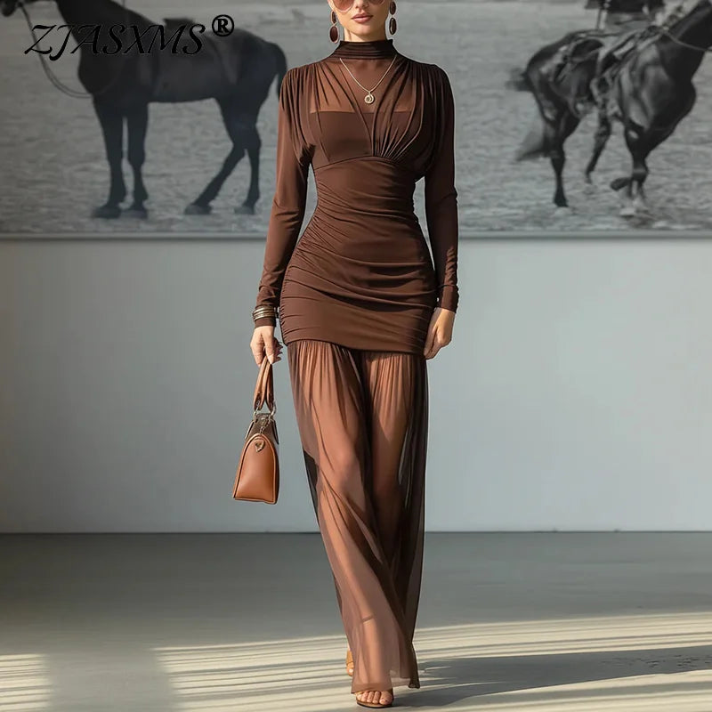 2026 Spring Turtleneck Splicing Chiffon Long Dress Woman Sexy Hollow Slim Pleated Dress New Long Sleeve Mesh Elegant Party Dress