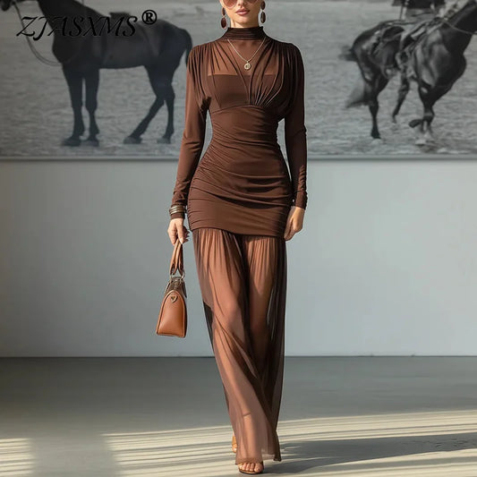 2026 Spring Turtleneck Splicing Chiffon Long Dress Woman Sexy Hollow Slim Pleated Dress New Long Sleeve Mesh Elegant Party Dress