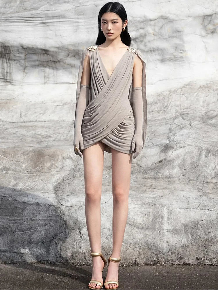 Ruched Elegant Mini Dress with Sleeve Cover for Women