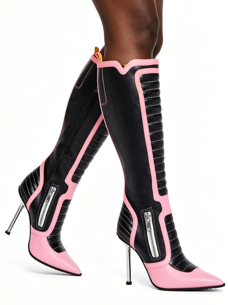 Women Black Pink Patchwork Knee High Boots Pointed Toe Stiletto Heel Zipper Up Fashion Moto Boots Party Clubwear Prom Shoes 44