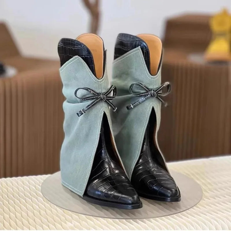 Pointed Bowknot Mid Calf Western Cowboy Boots for Women