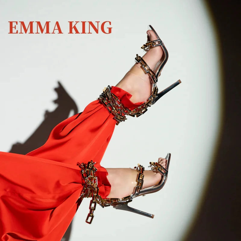 Gold Chain Straps Ankle Wrap Extra High Thin Heel Sandals for Women