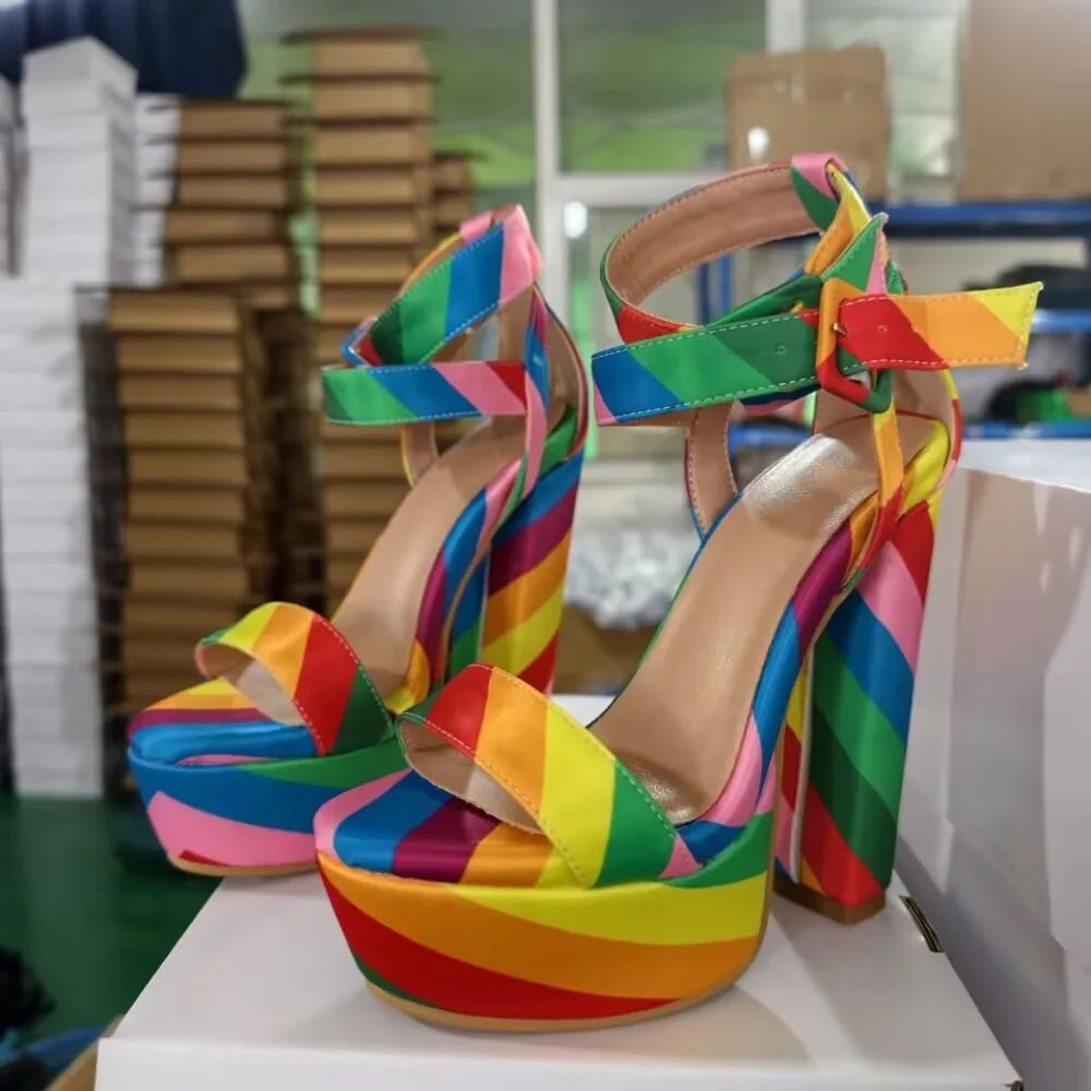 Rainbow Satin Buckle Heel Sandals