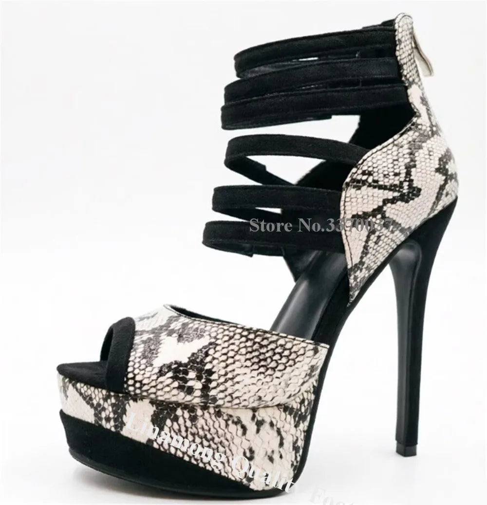 Grey Snakeskin Peep Toe Cross Strap Platform Stiletto Sandals For Women