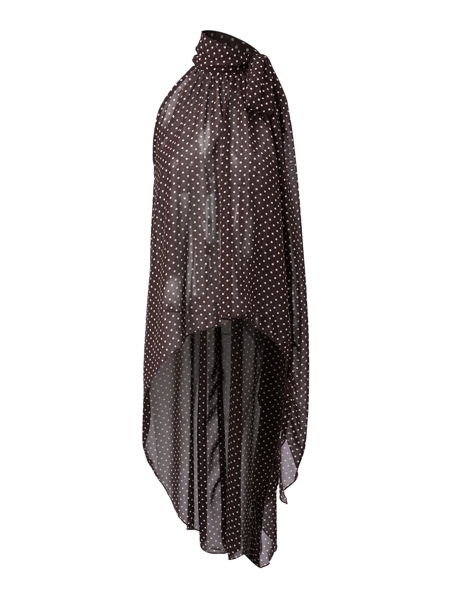 Elegant Irregular Blouse with Tie Up Mock Neck Chiffon Dots Print for Women