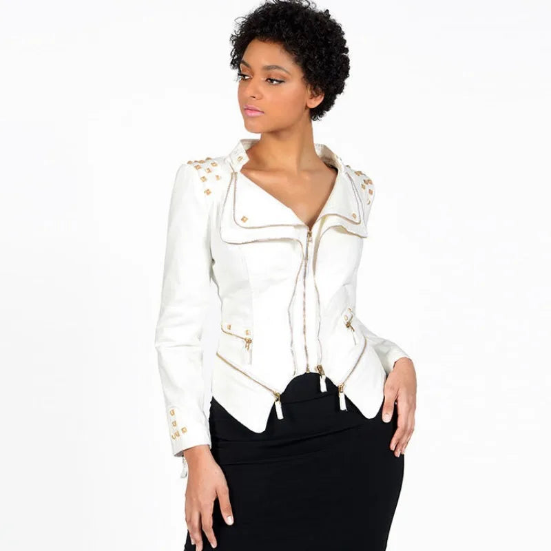 Women's Jacket, Denim Coat, Slim Fit, Shoulder Shrugs, Rivet Zipper Splicing