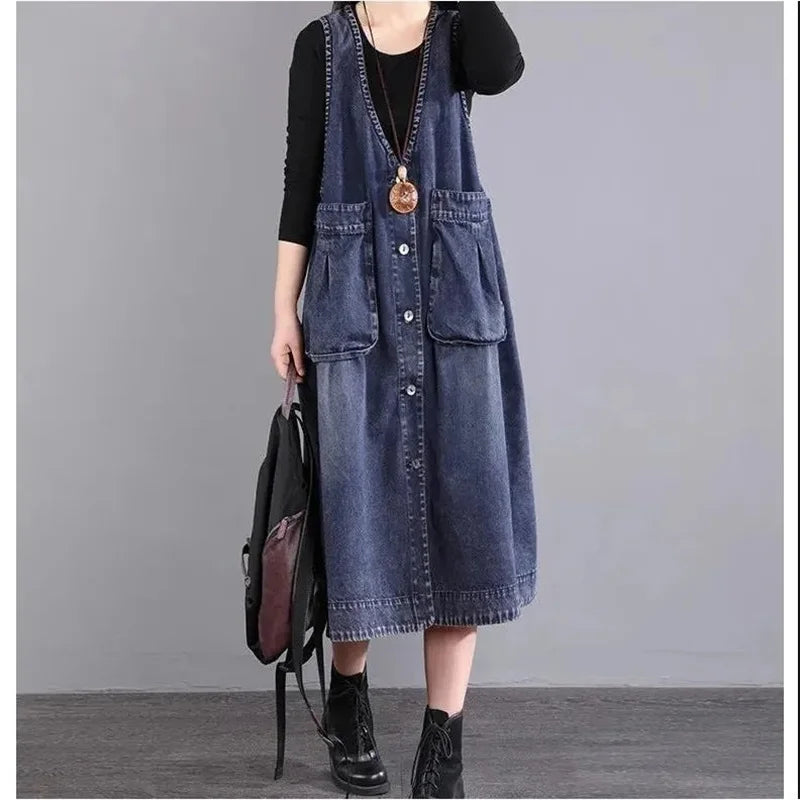 Loose Fit Hooded Denim Vest With Big Pockets For Women
