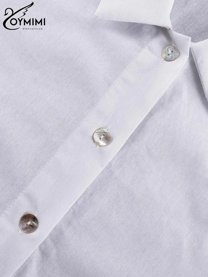 Oymimi Elegant White Cotton Sets For Women 2 Pieces Casual Lapel Long Sleeve Button Shirts And Ruffled Ankle-Length Pants Sets