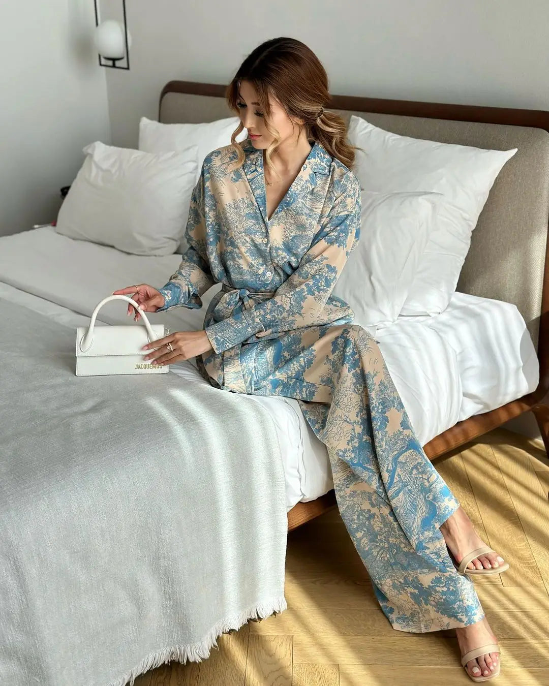 Elegant Print Two Piece Set With Long Sleeve Shirt And Wide Leg Pants for Women