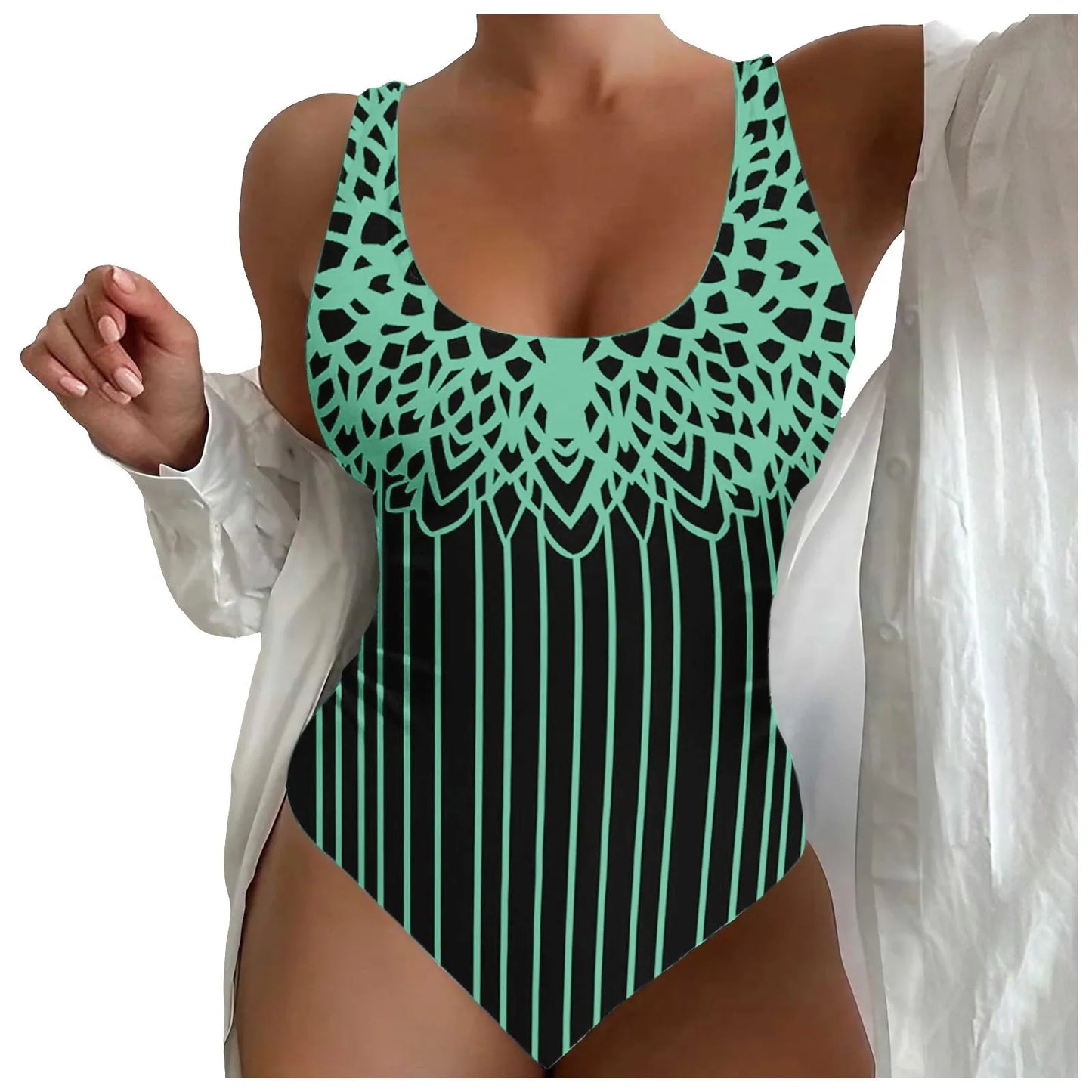 Plus Size U Neck Striped Print Figure Shaping Swimsuit for Women