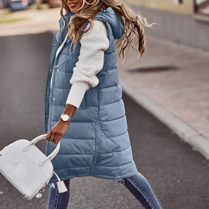 Warm Hooded Longline Sleeveless Vest Coat for Women