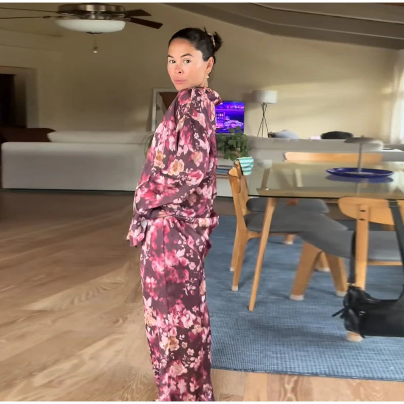 Casual Print Blouse and Wide Leg Pants Set for Women
