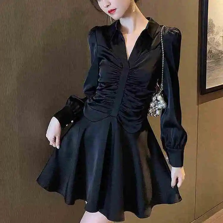 Vintage Pleated Long Sleeve Maxi Dress
