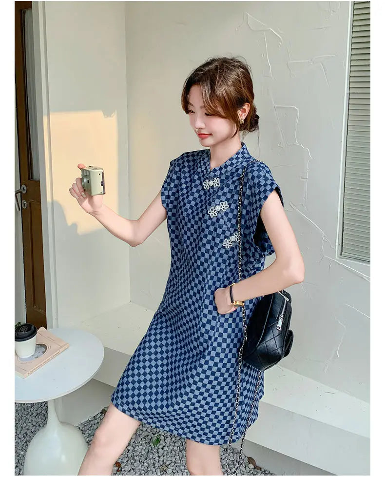 Checkered Ethnic Style Summer Lightweight A Line Dress for Women