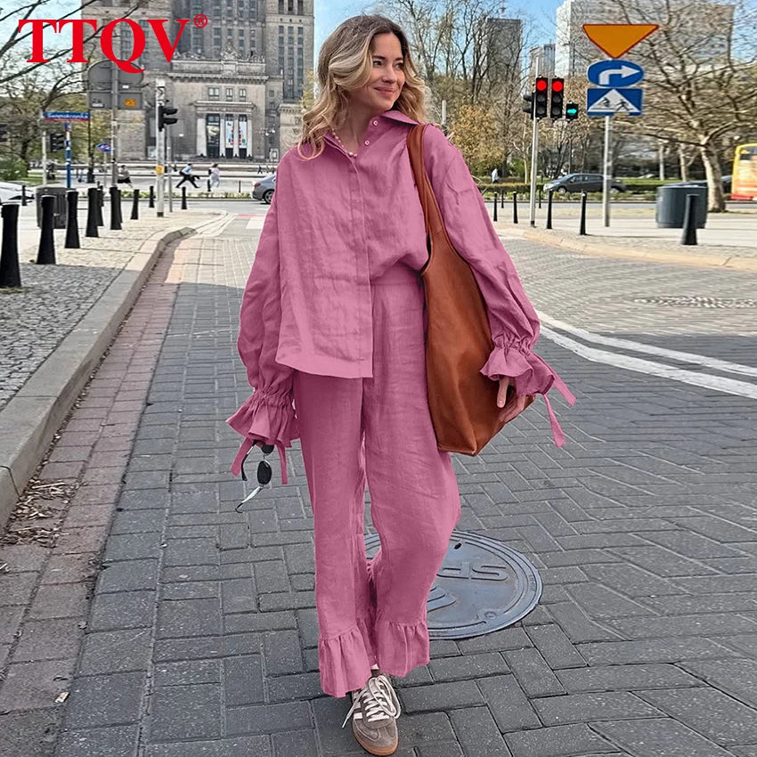 Loose Pink Cotton Shirt and Wide Leg Pants Set for Women