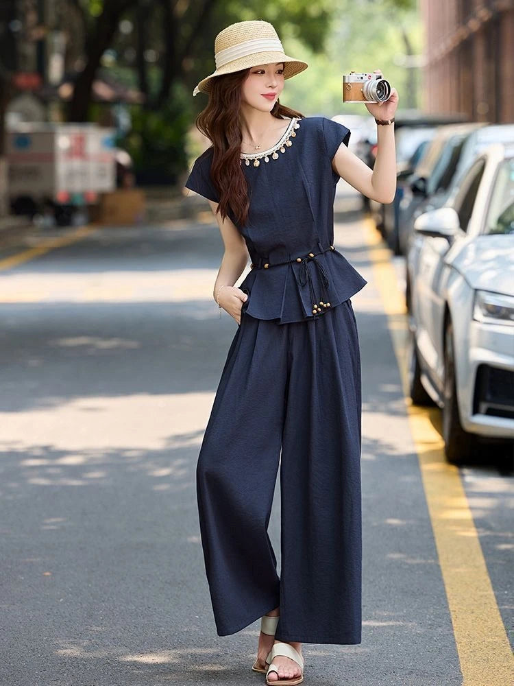 Women's Summer Wide Leg Pants Set 2026 New Arrival Elegant High End 2 Piece Outfit for Casual Chic Look Trending Fashion